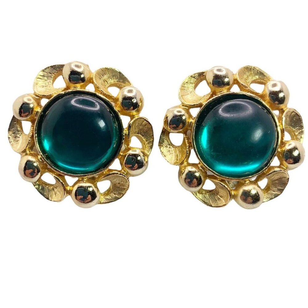 Vintage Paolo Gucci Designer Gold Tone Green Cabochon Statement Clip Earrings